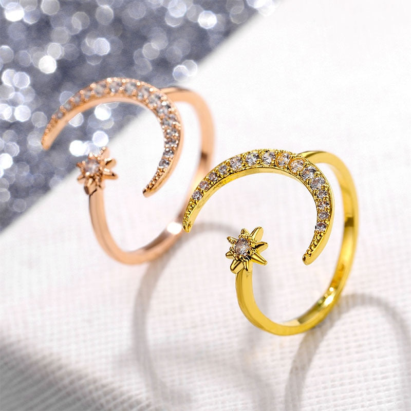 IPARAM New Design CZ Zircon Star Moon Ring Fashion Statement Geometric Gold Color Silver Color Charm Lady Girl Ring Jewelry