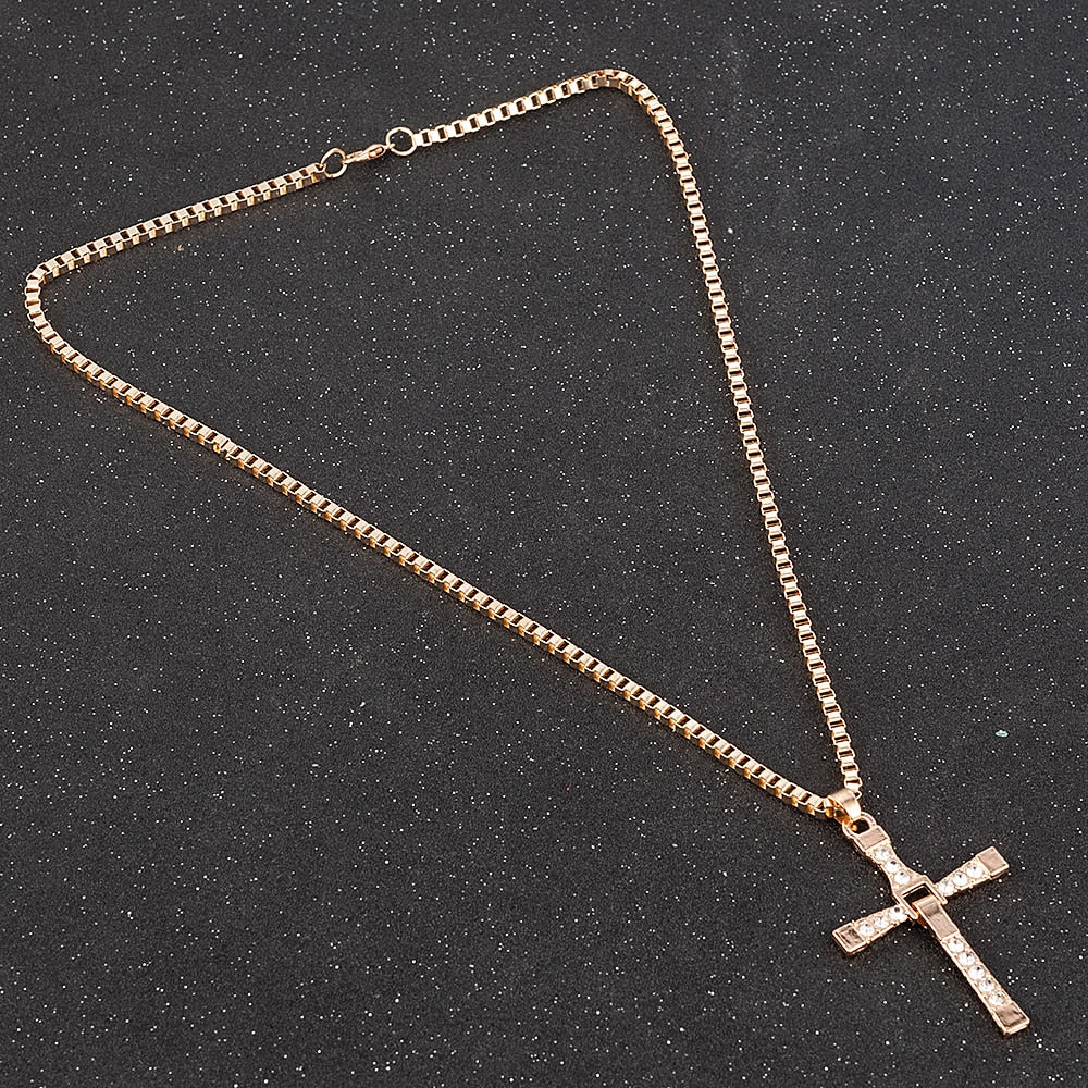 Fast and Furious Movies Actor Dominic Toretto Rhinestone Cross Crystal Pendant Chain Necklace Men Jewelry