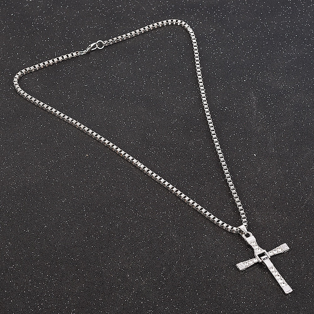 Fast and Furious Movies Actor Dominic Toretto Rhinestone Cross Crystal Pendant Chain Necklace Men Jewelry