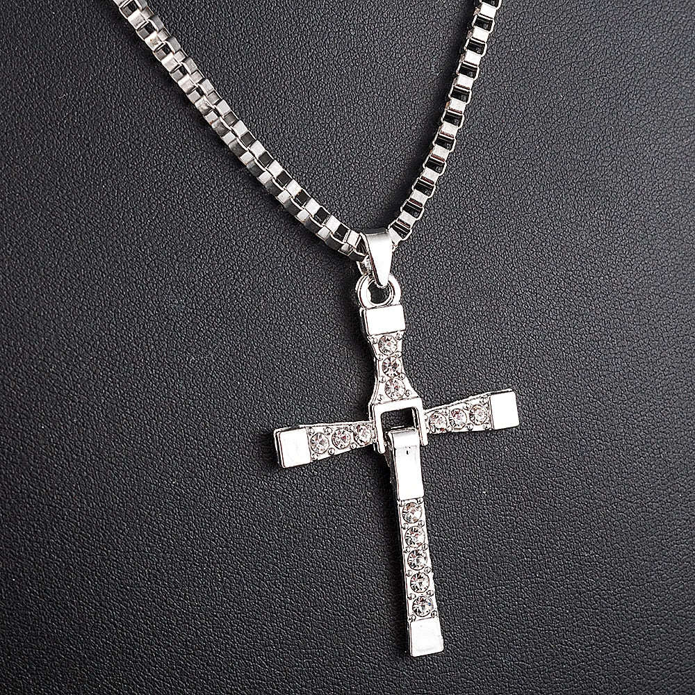 Fast and Furious Movies Actor Dominic Toretto Rhinestone Cross Crystal Pendant Chain Necklace Men Jewelry