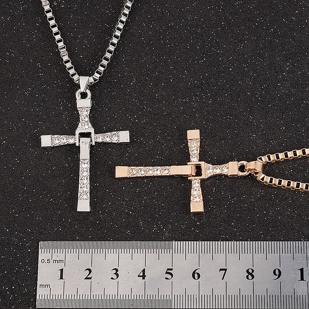 Fast and Furious Movies Actor Dominic Toretto Rhinestone Cross Crystal Pendant Chain Necklace Men Jewelry