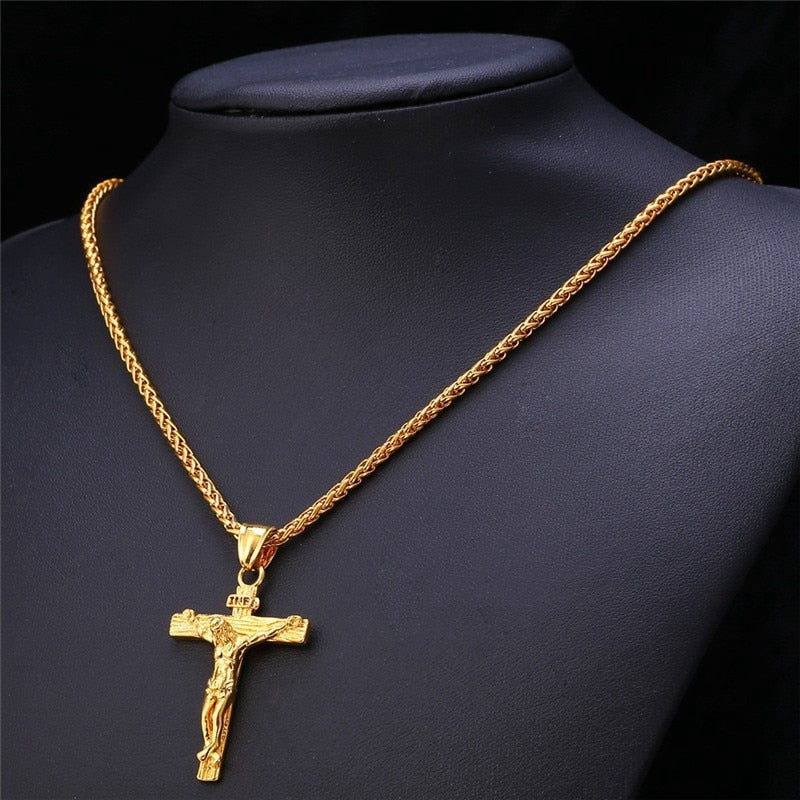 Religious Jesus Cross Necklace for Men Fashion Gold Color Cross Pendent with Chain Necklace Jewelry Gifts for Men Pendant