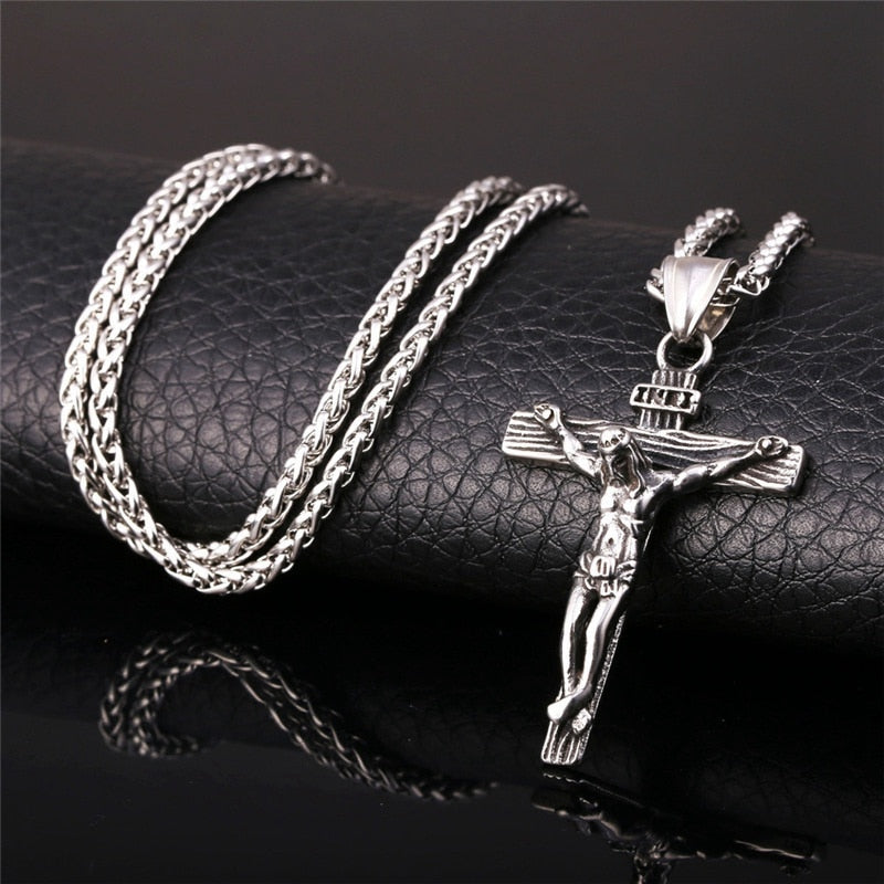 Religious Jesus Cross Necklace for Men Fashion Gold Color Cross Pendent with Chain Necklace Jewelry Gifts for Men Pendant