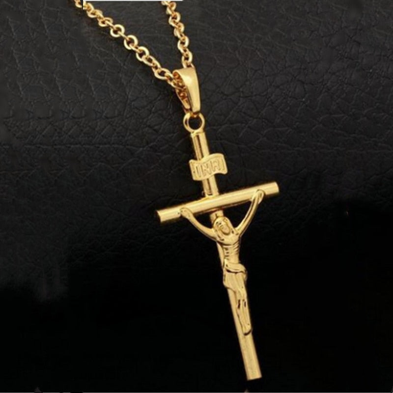 Religious Jesus Cross Necklace for Men Fashion Gold Color Cross Pendent with Chain Necklace Jewelry Gifts for Men Pendant
