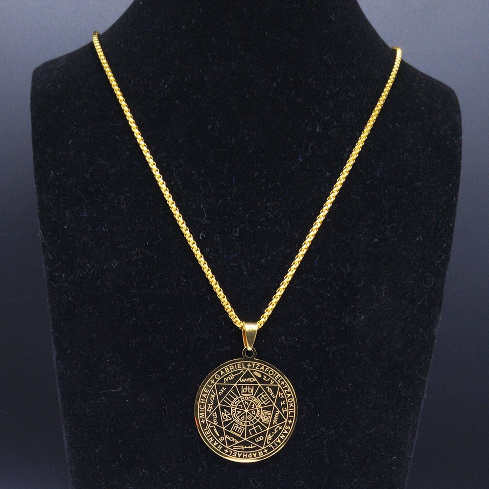 Seven Archangels Amulet Stainless Steel Necklaces Men Seal of Solomon Talisman Christian Protection Jewelry collar hombre N1162