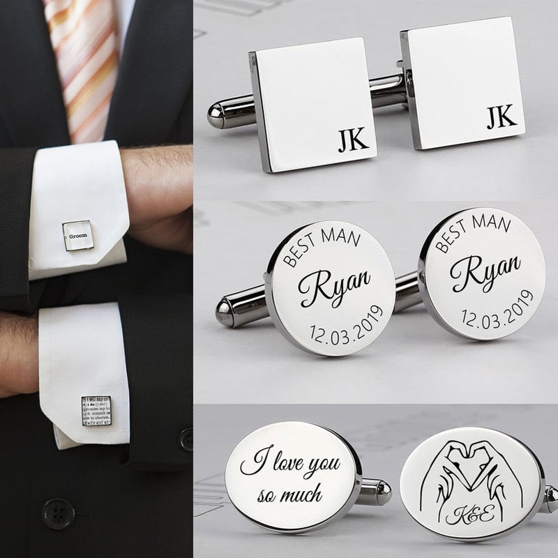 Engrave Initial Cufflinks for Wedding Birthday Groomsmen Gift Stainless Steel Cufflinks Statement Jewelry