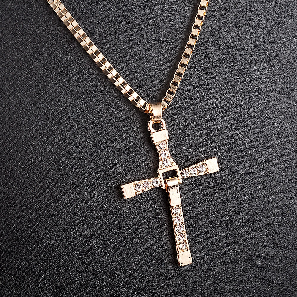 Fast and Furious Movies Actor Dominic Toretto  Rhinestone Cross Crystal Pendant Chain Necklace Men Jewelry