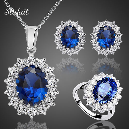 Fashion Blue Crystal Stone Wedding Jewelry Sets For Brides Silver Color Necklace Set For Women African Jewelry Sets &amp; More